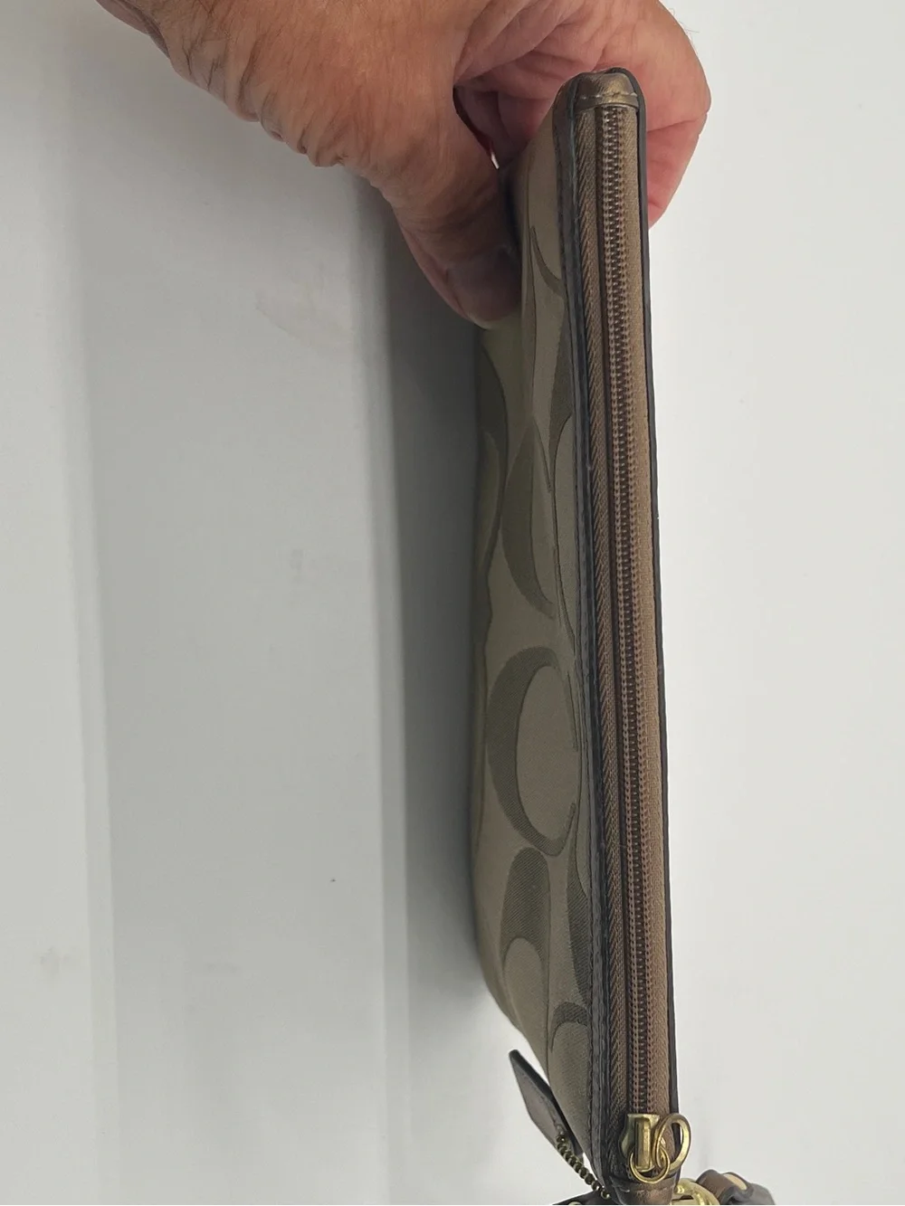 Coach Signature Logo khaki canvas and leather wristlet with 3D flower appliqué